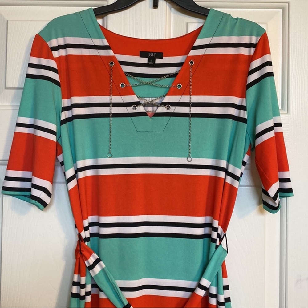 J.B.S. Blue and Orange Wrap Tie Front Midi Dress